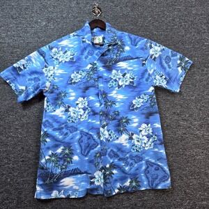 KY'S Hawaiian Shirt Men M Blue Tropical Island Floral Map Print Aloha Beach Camp